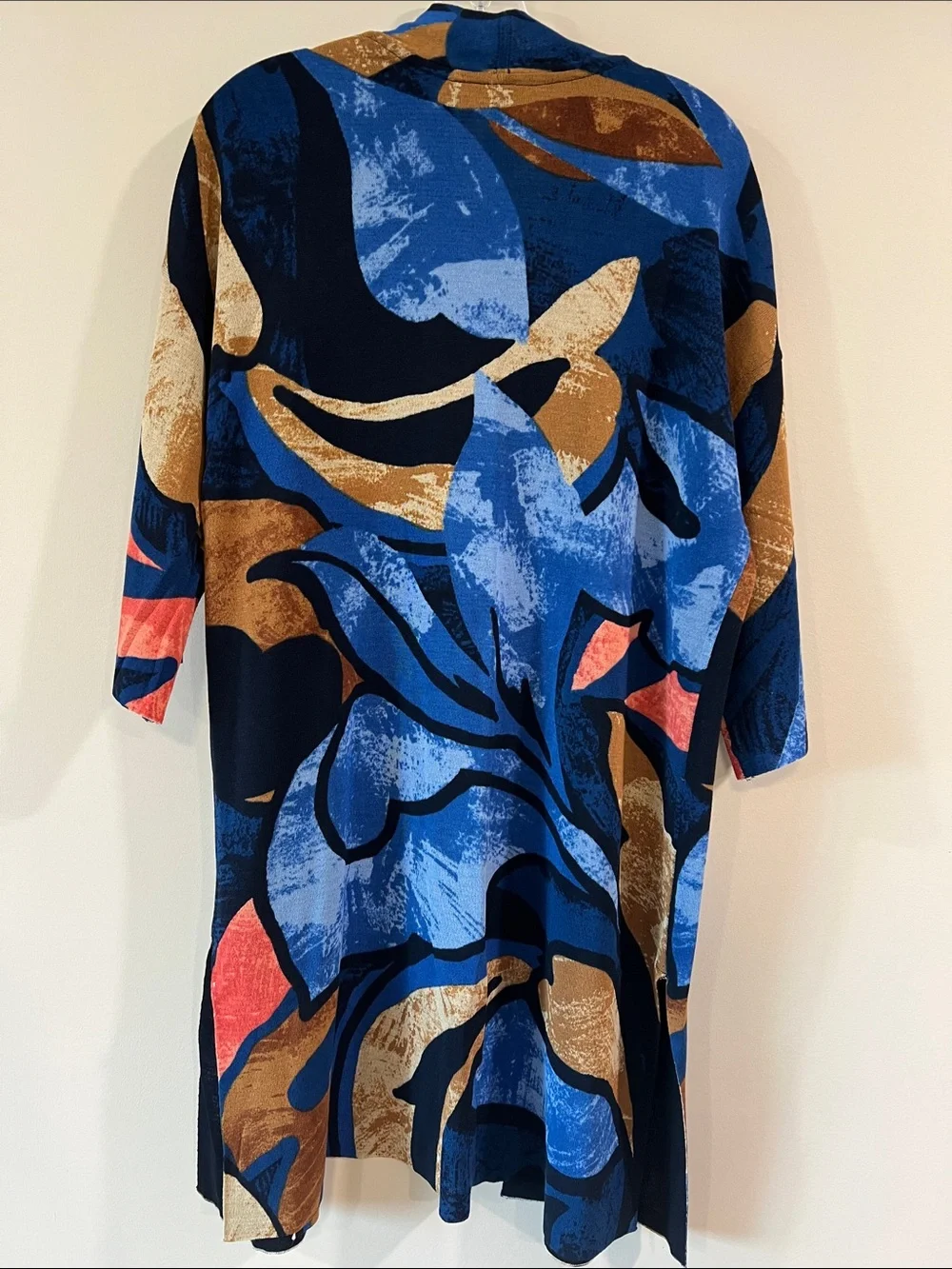 Chico's - Blue, Coral Abstract Open-Front Duster Kimono, long line, lightweight